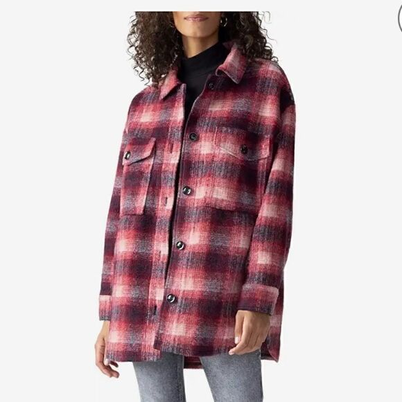 Sanctuary Plaid Town Jacket Woodland Plaid jacket coat burgundy size L New - Picture 8 of 15